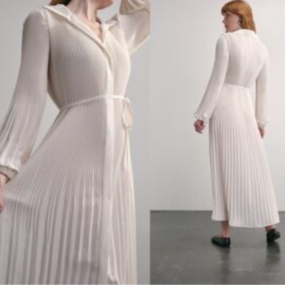 Darling White Long Sleeve Pleated Dress